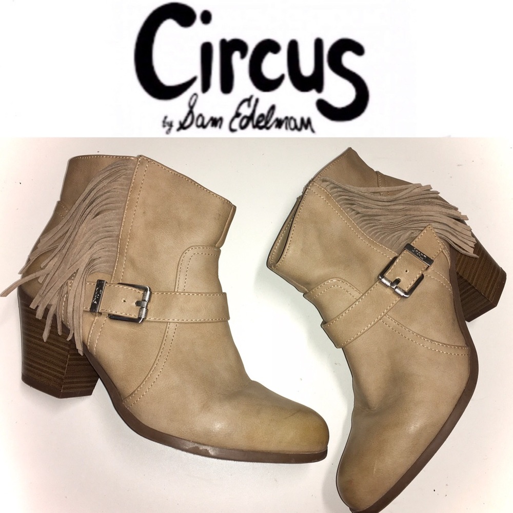 CIRCUS by SAM EDELMAN tan Leah fringe ankle boots